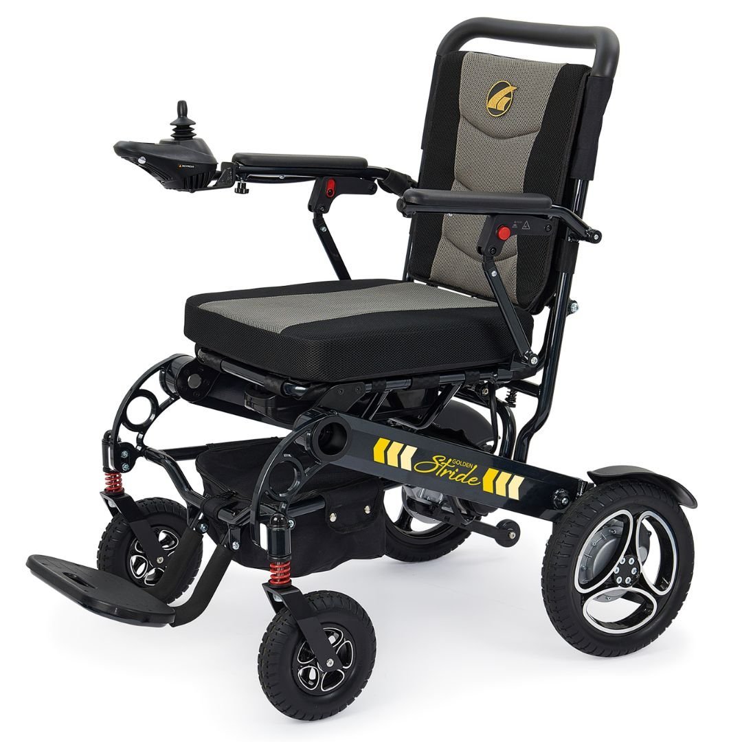 Stride power wheelchair from Golden Technologies with durable wheels and cushioned high-back seat